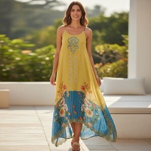 Johnny Was Floral Embroidered Yellow and Blue Maxi Dress